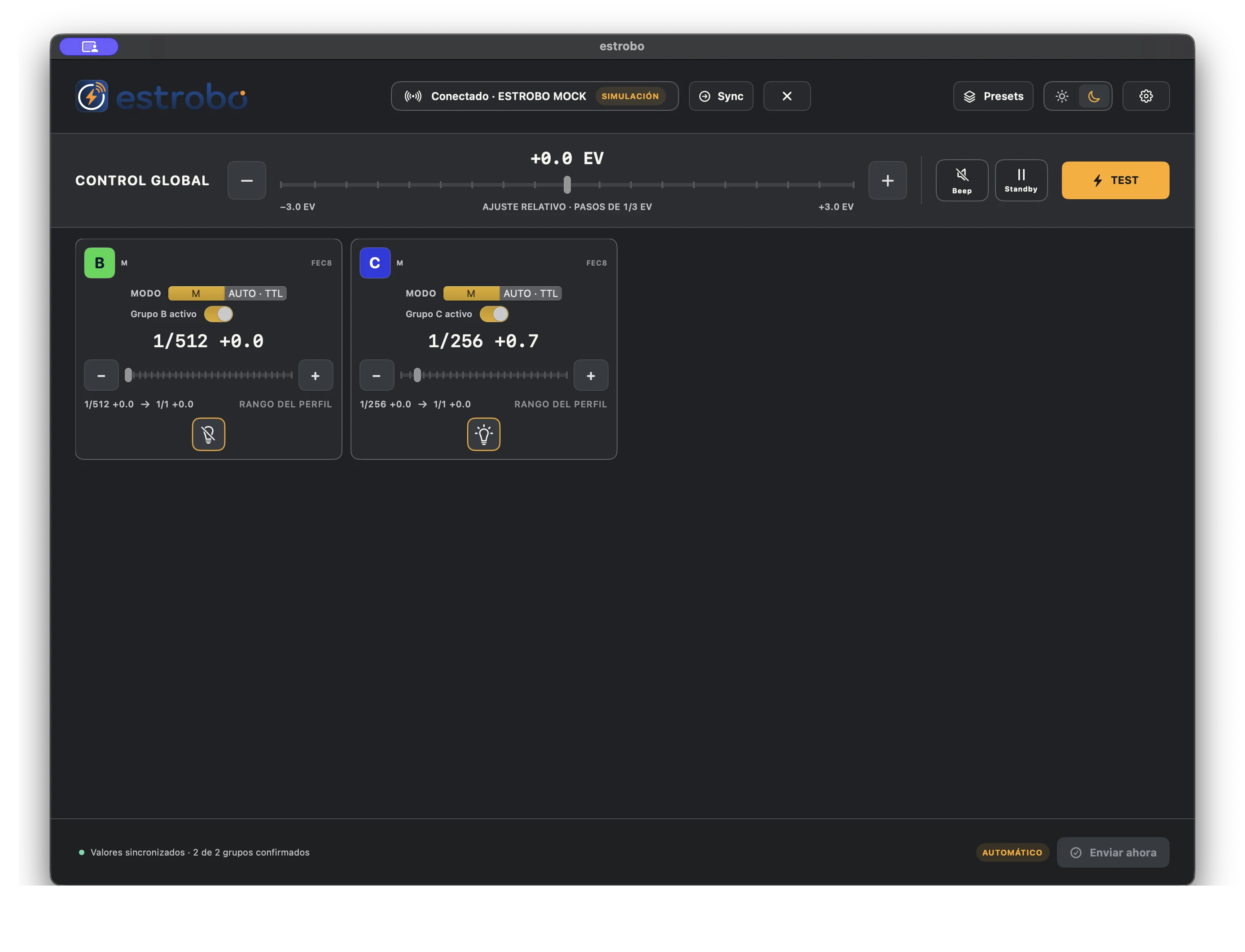 Estrobo Matrix view with compact controls for groups B and C